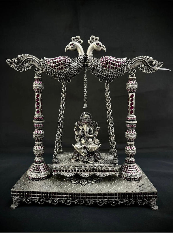 Silver Peacock Jhula with Ganesha Idol