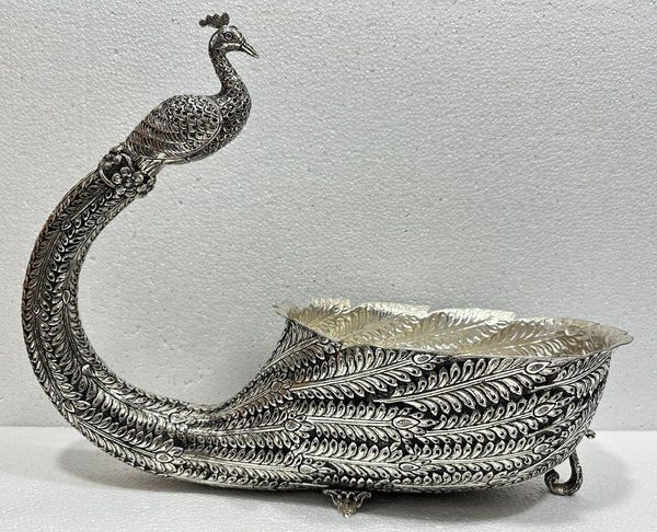Peacock-Themed Silver Fruit Bowl