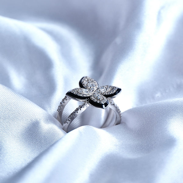 Silver Black Flower Ring
