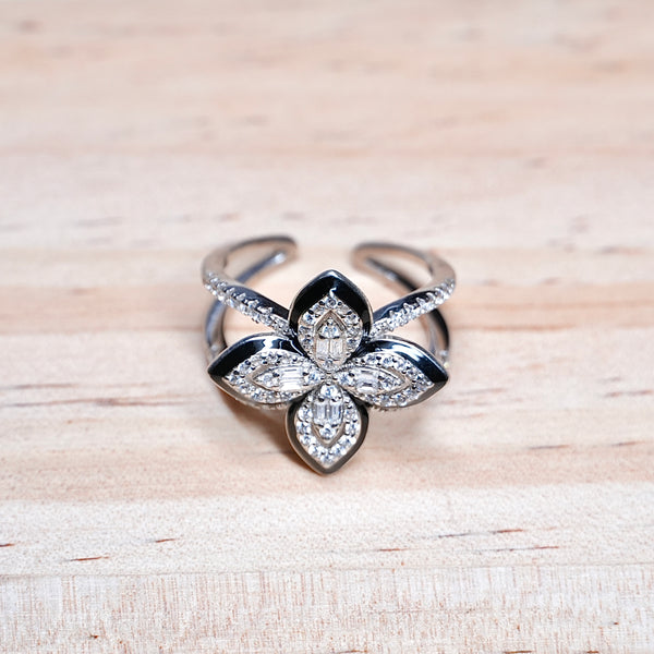Silver Black Flower Ring
